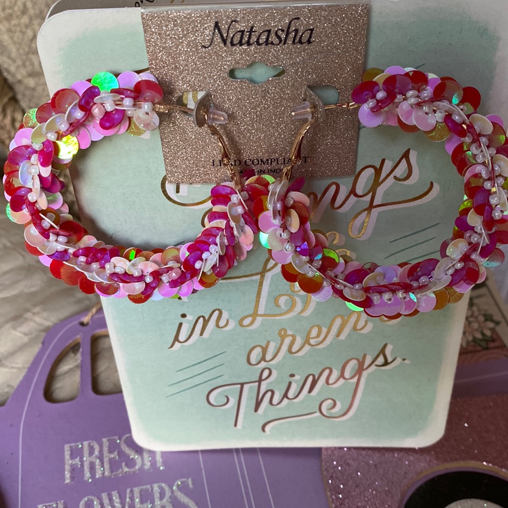 Natasha Pink And White Hoop Earrings Nwt